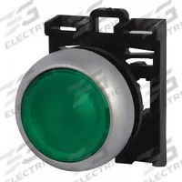 EATON Flush Push Button: Green, 22 mm Mounting Size, Non-Metallic, Momentary (MPN M22-DL-G). Key specifications — Brand: EATON; Action: Momentary; Series: M22; Push Button Material Type: Non-Metallic.