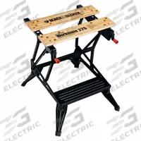 BLACK & DECKER Portable Project Center: Adj Ht, Steel, 26 in Overall Wd (MPN WM225). Key specifications — Height Adjustability: Adjustable Height; Height Adjustment Mechanism: Spring Lever; Brand: BLACK & DECKER; Portability: Fold-Up Body; Top Material: Steel; Included Components: Built-in Ruler; Clamping System: Peg Clamping; Includes: (1) WM225 Project Center.