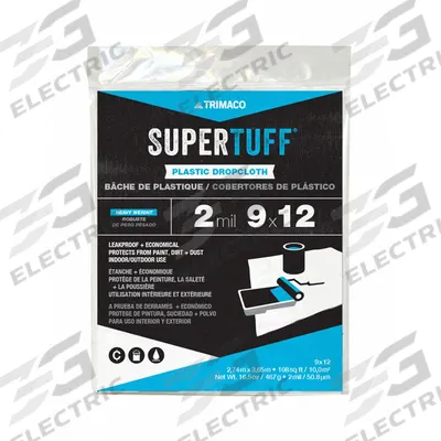 TRIMACO Drop Cloth: Light Duty, Polyethylene, 2 mil Thick, 9 ft Wd, 12 ft Lg - Standard Drop Cloths