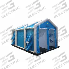 FSI Decontamination Shower: 2 Stations, 16 Spray Heads, Enclosed, Inflatable, 9 ft x 10 ft x 15 ft (MPN DAT3535S). Key specifications — Color: Blue; Includes: Integrated Containment Pool; Brand: FSI.