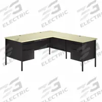HIRSH L-Shaped Pedestal Desk: Melamine Laminate/Particleboard, Maple, 2 Pedestals, 2 Drawers (MPN 24975). Key specifications — Desktop Material: Melamine Laminate; Includes Modesty Panel: Yes; Pedestal Location: Double Pedestal; Kit Product Type: L-Shaped Pedestal Desk; Desktop Color: Maple; Brand: HIRSH; Frame Color: Black; Frame Material: Steel.