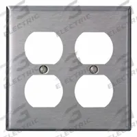 LEVITON Wall Plate: Duplex Outlet, 2 Gang, Midsize Size (MPN SSJ82-40). Key specifications — Brand: LEVITON; Material: Stainless Steel.