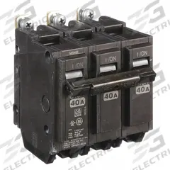 GE Miniature Circuit Breaker: THQB, 40 A, 120/240V AC, Three Phase, 10kA at 120/240V AC, Std (MPN THQB32040). Key specifications — attr195972: 40 A; attr195973: 120/240V AC; attr195974: Three; attr195975: 10kA at 120/240V AC; attr195976: Load Centers.