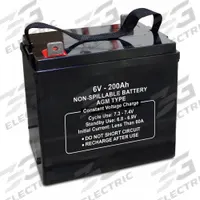 APPROVED VENDOR Sealed Lead Acid Battery: 6V DC, 200 Ah Capacity, 9.72 in Ht, 7.09 in Wd, ABS (MPN 47050). Key specifications — Terminal Connection: Tab with 0.315 in Bolt Hole; Battery Cycle Type: Dual Purpose; Brand: APPROVED VENDOR; Housing Material: ABS.