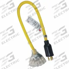 POWER FIRST Illuminated Cord Adapter: 2 ft Lg, 12 AWG, L5-20P Plug, 5-15R Receptacle, Yellow (MPN 4GAA3). Key specifications — Temperature Rating: -58° to 194°F; NEMA Plug Configuration: L5-20P; NEMA Receptacle Configuration: 5-15R; Brand: POWER FIRST.