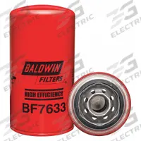 BALDWIN FILTERS Fuel Filter: Spin-On, 3 11/16 in Outside Dia, 1"-14 Thread Size, Cellulose, BF7633. Key specifications — attr1137520: BF7633; attr1137521: FF5320; attr434022: BALDWIN FILTERS; attr427730: Cellulose; attr427731: G381-A Integral Gasket; attr1017112: Buses; attr1017113: Caterpillar.