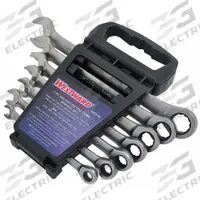 WESTWARD Combination Wrench Set: Alloy Steel, Satin, 7 Tools, 5/16 in to 3/4 in Range of Head Sizes (MPN 34D938). Key specifications — attr309581: Satin; attr309580: Alloy Steel; attr309571: No; attr309583: No; attr309587: No; attr324931: WESTWARD; attr309569: 5/16 in to 3/4 in; attr309572: Storage Rack.
