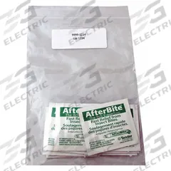AFTERBITE Bite/Sting Relief: Ammonia, Wipes, Packets, 0.037 oz Size, 10 PK (MPN 9999-1214). Key specifications — Purpose: Insect Bites; Unit Package Type: Packets; Unitized: Bulk; Concentration: Isopropyl Alcohol 60%; Manufacturer Part Number: 9999-1214; Alcohol Content: Contains Alcohol; Active Ingredient: Ammonia; Brand: AFTERBITE.