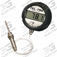 TEL-TRU Digital Panel Mount Thermometer: -75°F to 750°F /-58°C to 399°C, +/-0.5°F (+/-0.3°C), Male (MPN ND4RB09115-P22042-C1015). Key specifications — Accuracy: +/-0.5°F (+/-0.3°C); Brand: TEL-TRU.