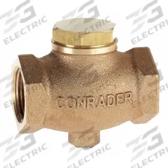 CONRADER Check Valve: In Line, Brass, 1 1/2 in (F)NPT, 1 1/2 in (F)NPT, 250 psi Max. Pressure (MPN GV112). Key specifications — attr291949: 1-1/2 in (F)NPT; attr291950: 1-1/2 in (F)NPT; attr291957: Brass; attr294749: CONRADER.
