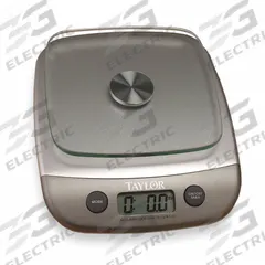 TAYLOR Food Scale: 6 in Weighing Surface Dp, 6 in Weighing Surface Wd, 2 in Overall Ht, LCD, 3800N10. Key specifications — Readability: 1 g/0.1 oz; Brand: TAYLOR; IP Rating: Not IP Rated.