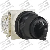 SCHNEIDER Selector Switch: 30 mm Panel Mounting Size, 3 Positions, Extended Lever, 1NO/1NC (MPN 9001SKS72FBH37). Key specifications — AC Contact Rating: 6 A @ 120 V; Action: Maintained/Maintained/Momentary; Cam: B; DC Contact Rating: 0.27 A @ 250 V; Hazardous Location Specification: Not Rated; Operator Head Material: Polycarbonate; Operator Head Type: Long-Handled Knob; Operator Illumination: Non-Illuminated.
