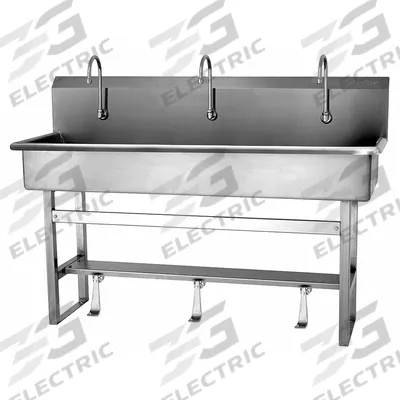 SANI-LAV Wash Station: 45 in Overall Ht, 57 in Bowl Lg, 8 in Bowl Dp, 2 gpm Flow Rate - Three-Station Freestanding Wash Stations with Faucets