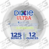DIXIE Disposable Bowl: Paper, Unwrapped, 12 oz Bowl Capacity, White, Patternless, 1,000 PK (MPN SXB12W). Key specifications — attr553114: Round; attr553111: Patternless; attr553099: Soak-Proof Shield; attr553097: DIXIE; attr553108: Yes; attr553107: Paper.