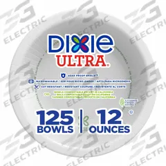 DIXIE Disposable Bowl: Paper, Unwrapped, 12 oz Bowl Capacity, White, Patternless, 1,000 PK (MPN SXB12W). Key specifications — attr553114: Round; attr553111: Patternless; attr553099: Soak-Proof Shield; attr553097: DIXIE; attr553108: Yes; attr553107: Paper.