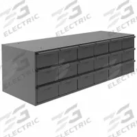 DURHAM MFG Drawer Bin Cabinet: 33 3/4 in x 12 1/4 in x 11 in, 18 Drawers, Stackable, Steel, Gray (MPN 005-95). Key specifications — Cabinet Material: Steel; Includes Dividers: Yes; Cabinet Finish: Powder Coated; Drawer Color: Gray; Cabinet Style: Drawer; Assembled: Assembled; Drawer Inside WxDxH: (18) 5-15/32 in x 11-1/4 in x 3-3/16 in; Cabinet Color: Gray.