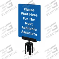 TENSABARRIER Acrylic Sign: Blue, Please Wait Here For The Next Available Associate Message (MPN S15-P-23-7X11-V-HDSB-1701-33). Key specifications — Brand: TENSABARRIER; Color: Blue; Includes: Mounting Adapter; Message: Please Wait Here For The Next Available Associate; For Use With: Tensabarrier Posts; Material: Acrylic.