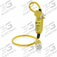 LEVITON GFCI: Manual Reset, 3 ft Lg, 12/3, 5-20P Plug, 20 A Current, 120V AC, 5-20R, Yellow, SJTW (MPN GSCM2-3C). Key specifications — NEMA Plug Configuration: 5-20P; NEMA Receptacle Configuration: 5-20R; Brand: LEVITON; Voltage: 120V AC.