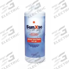 SUNX Sunscreen: 50 SPF, Lotion, 32 oz (MPN 18-910G). Key specifications — Unitized: Unitized; Manufacturer Part Number: 18-910G; Format: Lotion; Purpose: Sunscreen; Brand: SUNX; Formula Features: Paraben Free; Unit Package Type: Bottle; Active Ingredient: Vitamin E.