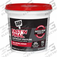 DAP Spackle: Fast 'N Final, 32 oz Container Size, Pail, White (MPN 12142). Key specifications — Color: White; Series: Fast 'N Final; Brand: DAP.