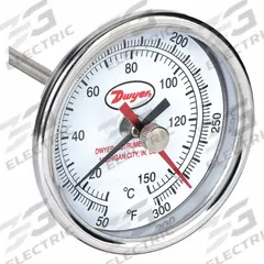 DWYER Min/Max Dial Thermometer: 50°F to 300°F to 10°C to 148.9°C, +/- 2% Accuracy, 3 in Dial Dia (MPN BTM3126D). Key specifications — Brand: DWYER; Accuracy: +/- 2%.