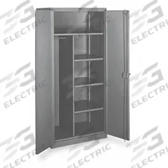 LYON Storage Cabinet: 48 in x 24 in x 82 in, 4 Shelves, Swing Handle & Padlock Hasp, 14 ga Panel (MPN DD1148). Key specifications — attr113700: Adjustable; attr113673: Frame; attr113674: Gray; attr113686: No; attr113685: Assembled; attr113675: Hanging Rods; attr66488: LYON; attr113676: Hanging Rod and Shelves.