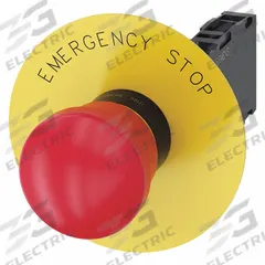 SIEMENS Emergency Stop Push Button: Non-Illuminated, Mushroom Head Profile, Non-Metallic, 22 mm (MPN 3SU1100-1HA20-1FG0). Key specifications — Brand: SIEMENS; Action: Maintained; Series: 3SU; Push Button Material Type: Non-Metallic.