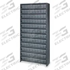 QUANTUM STORAGE SYSTEMS Enclosed Bin Shelving: 36 in x 12 in x 75 in, 1 Usable Sides, 13 Shelves (MPN CL1275-501GY). Key specifications — Bin HxWxD: (108) 4-5/8 in x 3-3/4 in x 11-5/8 in; Frame Material: Steel; Frame Color: Gray; Bin Color: Gray; Brand: QUANTUM STORAGE SYSTEMS.