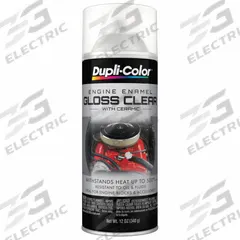 DUPLI-COLOR Engine Enamel: Exterior/Interior, Engine Enamel, Solvent, Ceramic, Metal/Steel, Smooth (MPN EDE163607). Key specifications — Color: Clear; Coverage Area: 14 sq ft; Compatible Surface Material: Metal; Finish Texture: Smooth; Sheen: Gloss; Brand: DUPLI-COLOR.