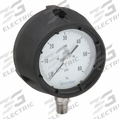 BOURDON Panel-Mount Pressure Gauge: 0 psi to 60 psi, White, 4 1/2 in Dial, 1/2 in NPT Male - All-Stainless Steel Wetted Parts & Casing