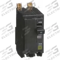 SQUARE D Miniature Circuit Breaker: 45 A, 120/240V AC, Single Phase, 10kA at 120/240V AC, 2 Poles (MPN QOB245). Key specifications — Phase: Single; Amps: 45 A; AC Voltage Rating: 120/240V AC; Max. AIR Rating: 10kA at 120/240V AC; For Use With: Square D NQOD Panelboards; Brand: SQUARE D.