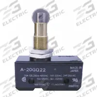 OMRON Snap Action Switch: Roller Plunger Actuator, 1NO/1NC, Solder (MPN A-20GQ22). Key specifications — AC Contact Rating: 20 A @ 480 V; Electrical Connection: Solder; Series: A; Brand: OMRON.