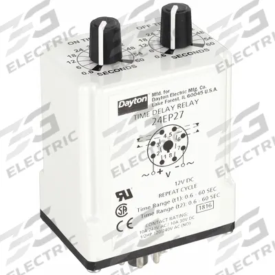 Dayton Single Function Time Delay Relay: Socket Mounted, 12V DC, 10 A - Socket-Mounted Relays