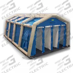 FSI Portable Decontamination Shower: 4 Stations, 24 Spray Heads, Enclosed, Inflatable, 40 in Hose Lg (MPN DAT4070S). Key specifications — Color: Blue; Includes: Separate Dirty Entry and Clean Full Sized Exit Doors; Brand: FSI.