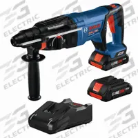 BOSCH Cordless Rotary Hammer: D-Handle, 18V DC, SDS-Plus, 1 in max, 4.0 Ah, 1.9 ft-lb, 4,350 bpm (MPN GBH18V-26DK25). Key specifications — attr113858: 18V DC; attr113796: BOSCH; attr113808: 0 bpm to 4,350 bpm; attr113803: Yes; attr113838: Hammer and Rotate; attr113809: Yes; attr113815: (1) GBH18V-26D 18V EC Brushless SDS-plus® Bulldog™ 1 In. Rotary Hammer(2) GBA18V40 18V CORE18V Lithium-Ion 4.0 Ah Compact Batteries(1) 18V Charger(1) Auxiliary Handle(1) Depth Gauge(1) Carrying Case.