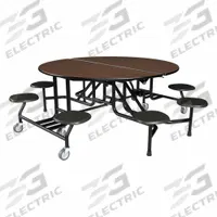 PALMER HAMILTON Cafeteria Table: Montana Walnut, Stool Seat, 29 in Overall Ht, 79 in Overall Lg (MPN 59T122960RD-S8-MTBL). Key specifications — Tabletop Structural Material: Industrial Grade High Pressure Laminate with Particleboard Core; Tabletop Surface Material: Laminate.