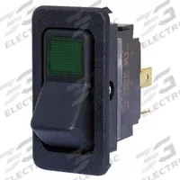 EATON Lighted Rocker Switch: 2 Positions, SPST, Off/Momentary On, Green (MPN 8005K35N113V32). Key specifications — AC Contact Rating: 10 A @ 250 V; DC Contact Rating: 15 A @ 28 V; Horsepower: 3/4 hp @ 250 V; Operator Illumination: Illuminated; Switch Color: Black; Terminal Connection Type: 1/4 in Spade; Includes Lamp Module: Lamp Module Included; Includes Lens: Lens Included.