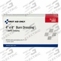 FIRST AID ONLY Burn Dressing: 4 in Dressing Lg, 4 in Dressing Wd, Gauze, Sterile (MPN 16-004). Key specifications — Water Resistance: Waterproof; Unitized: Unitized; Standards: ANSI Z308.1-2015; Manufacturer Part Number: 16-004; Package Type: Box; Product Type: Burn Dressing; Sterility: Sterile; Brand: FIRST AID ONLY.