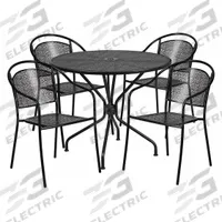 FLASH FURNITURE Round Patio Table Set: Black, Metal Chair Back, 35 1/4 in Table Dia, Metal, 4 Chairs (MPN CO-35RD-03CHR4-BK-GG). Key specifications — Chair Seat Material: Metal; Includes Umbrella Hole: Yes; Table Frame Material: Metal; Brand: FLASH FURNITURE; Chair Back Material: Metal; Chair Finish: Powder Coated; Chair Frame Color: Black; Chair Frame Material: Metal.