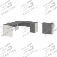 BESTAR L-Shaped Office Desk: Sandstone/Slate, 82 3/4 in Overall Wd, 29 3/4 in Overall Dp (MPN 93883-59). Key specifications — Color: Sandstone; Desktop Color: Slate; Material: Melamine; Product Material: Laminate Particle Board.