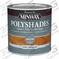 MINWAX Wood Stain: Wood Stain and Sealer, Interior, Oil, 0.5 pt Container Size, Wood, Gloss, 1 Step (MPN 214704444). Key specifications — Brand: MINWAX; Transparency: Semi-Transparent; Use Location: Interior; Sheen: Gloss; Sub-Brand: PolyShades; Color: Classic Oak.