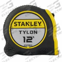 STANLEY Tape Measure: Nonmagnetic Single Hook Tip, 12 ft / 3.65 m, Plastic with Rubberized Grip (MPN STHT39512). Key specifications — attr935324: STANLEY; attr942259: Yellow; attr935326: High-Visibility Blade; attr935328: 1/16 in; attr935329: Inches; attr935337: SAE; attr936607: Manual Lock; attr985315: 5 m or less.