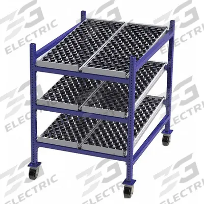 UNEX FLOW CELL Gravity Flow Rack: 36 in x 48 in x 54 in, Tilt, 3 Shelves - Skate Wheel Track Bolted Mobile Flow Racks