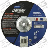 NORTON Depressed Center Grinding Wheel: Type 27, 9" x 1/4" x 5/8"-11, Aluminum Oxide, 24 Grit (MPN 66253049105). Key specifications — Series: Gemini Fast Cut; Brand: NORTON.