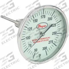 DWYER Glow-in-the-Dark Dial Thermometer: 50°F to 300°F, +/- 1% Accuracy, 5 in Dial Dia, Male (MPN GBTA54061). Key specifications — attr1275048: +/- 1%; attr1275052: DWYER.