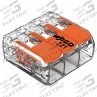 WAGO Lever Wire Connector: 3 Port, 24 AWG – 12 AWG Solid Wire Size Range, 32 A, 600 V, 221 Series (MPN 221-413/K194-4045). Key specifications — attr1307071: WAGO; attr1307104: Lever; attr1351713: 221.