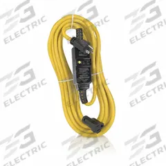 LEVITON GFCI: Auto Reset, 25 ft Lg, 14/3, 5-15P Plug, 15 A Current, 120V AC, 5-15R, Black, SJTW (MPN GSCA1-25C). Key specifications — NEMA Plug Configuration: 5-15P; NEMA Receptacle Configuration: 5-15R; Brand: LEVITON; Voltage: 120V AC.