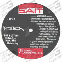 SAIT Abrasive Cut-Off Wheel: Type 1, 4" x 1/16" x 1/4", Aluminum Oxide, 36 Grit, A36T (MPN 23067). Key specifications — Series: A36T; Brand: UNITED ABRASIVES-SAIT.
