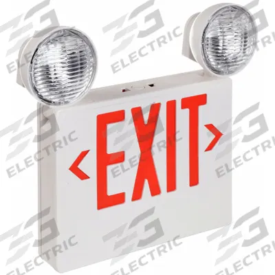 BIG BEAM Exit Sign with Emergency Lights: White, 1 or 2 Faces, Red, LED, Ceiling/Wall - Plastic Exit Signs with Round Top-Mount Light Heads