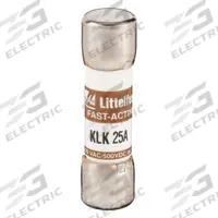 LITTELFUSE Fuse: KLK Series, Midget, Fast-Acting, 25 A, 600 V AC, 500 V DC, 13/32 in x 1 1/2 in (MPN KLK025). Key specifications — attr1287209: KLK; attr211192: LITTELFUSE.